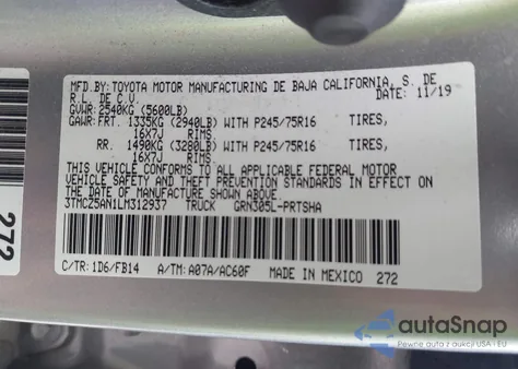 2020 Toyota Tacoma Sr V6 из США, поврежденный, VIN 3TMCZ5AN1LM312937